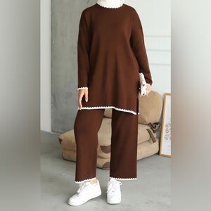 2 Pcs Cozy knit Pants Set Brown